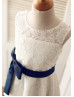 Ivory Lace With Navy Blue Bow Sash Knee Length Flower Girl Dress